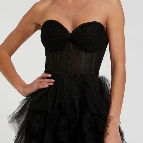MAC DUGGAL 27532 Black Strapless Bustier Net Gown With Spiral Ruffles - Picture 3 of 13